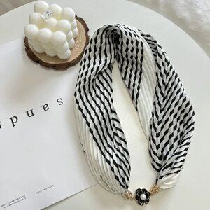 2/$30 Magnetic Clasp Geometric Pattern Silky Scarf Pleated Black White Headband